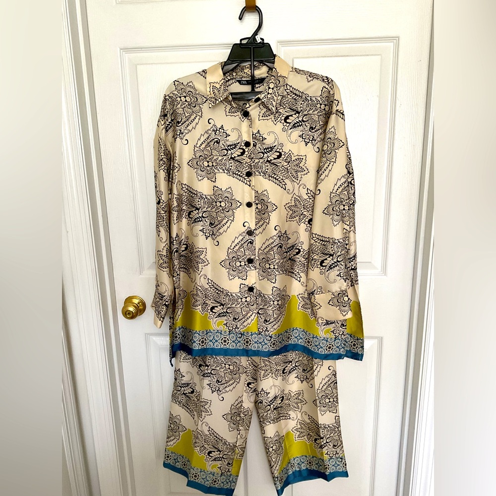 Printed Beige and Black Two-Piece Pant Set with Olive & Blue Trim
